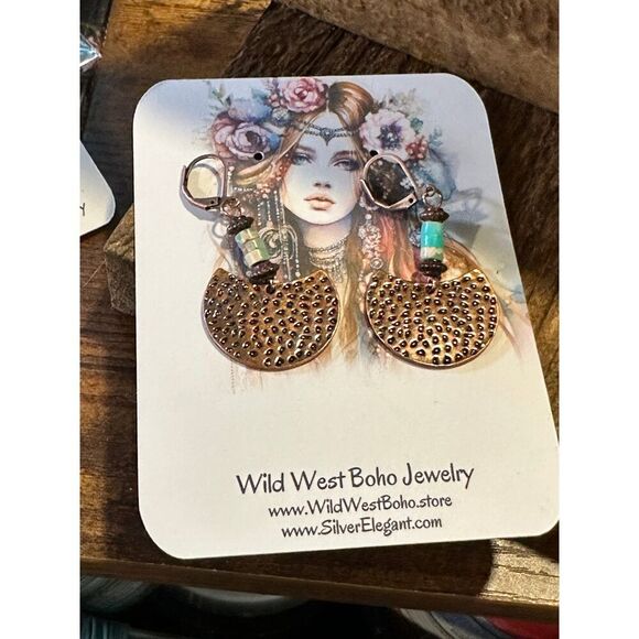 Boho Vintage Chic Southwestern Copper Dangle Wire Earrings, Turquoise Stone, Gi - Picture 8 of 10